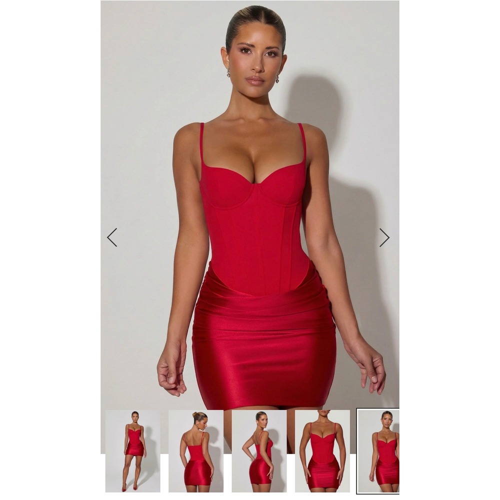 Oh Polly Red Corset Mini Dress Draped Satin Skirt Bodysuit Liner 11938B US 12